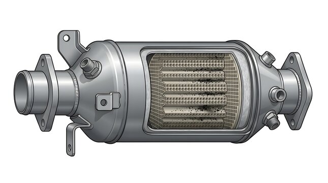 Illustration of an automotive catalytic converter exhaust system component with internal ceramic honeycomb structure exposed