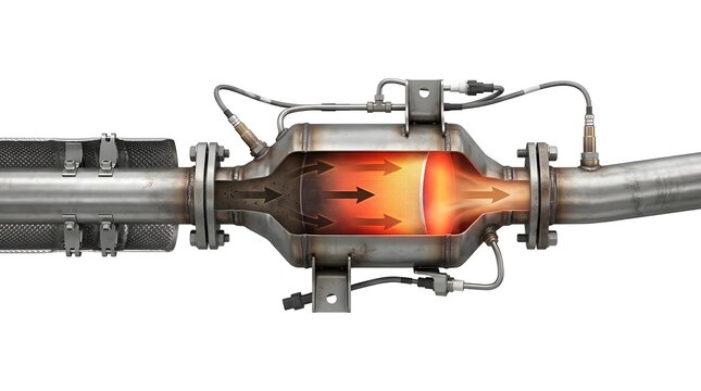 Cross-section of an automotive catalytic converter illustrating emission control technology