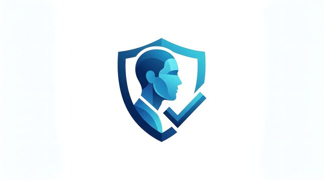 Abstract human profile head silhouette inside a protective shield with a checkmark symbol, vector icon illustration