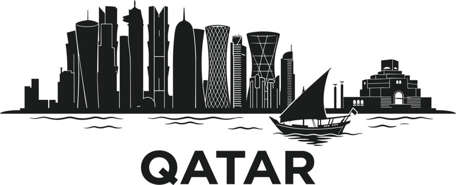 Qatar doha city skyline featuring modern skyscrapers traditional dhow boat sea waterfront and museum landmark for tourism