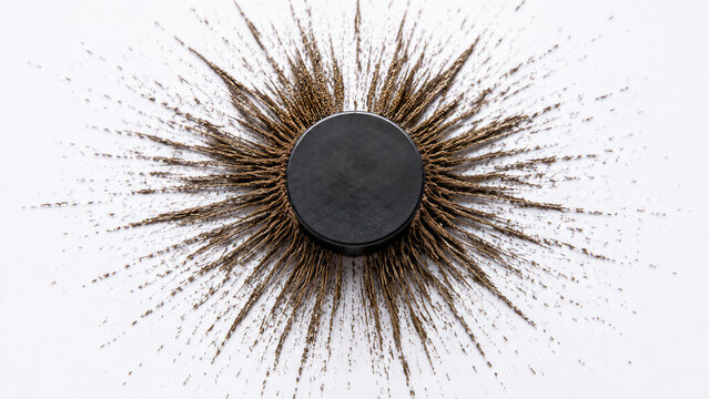 Iron filings magnetic field lines on white paper macro close-up