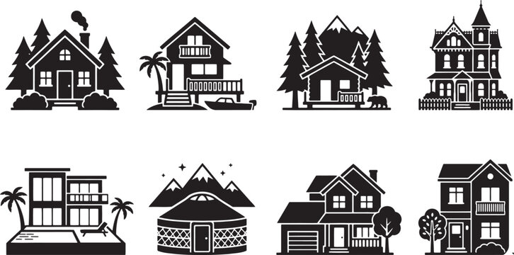 Villas cottages and traditional yurt housing silhouettes