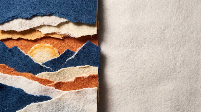 Fabric landscape with mountains and sunset in layered design  