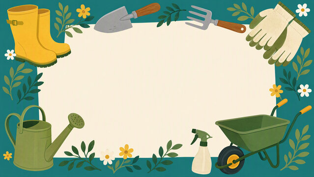 Illustration featuring gardening tools and supplies surrounding blank space