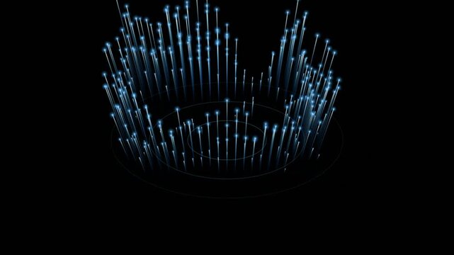 Abstract digital data visualization with glowing blue light particles and circular rings