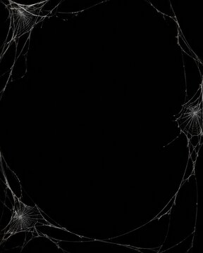 Spooky Halloween Spiderweb Frame on Black Background with Copy Space.