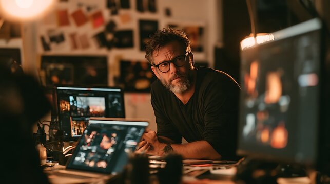Creative Studio creative director in modern studio using generative AI tools to develop brand identity, multiple screens showing AI image generation iterations, designer thoughtfully curating 