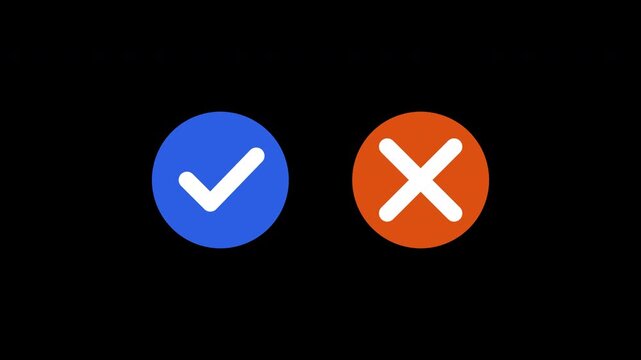 Animated checkmark and cross yes or no decision making symbols on black background, animation