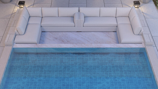 3D rendering of a luxurious outdoor living space featuring a modern sunken U-shaped sofa area adjacent to a swimming pool with beautiful blue tiles.