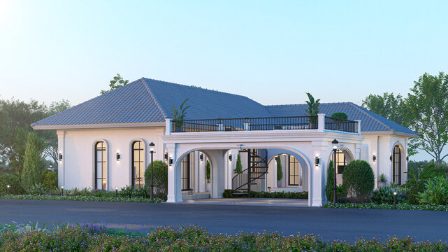 3D rendering of a luxury single-story house exterior featuring a classic white facade, large arched windows, blue roof tiles, and a spacious portico under a twilight sky.