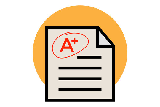 A+ grade on an exam paper concept, represented by a document with a red A+ mark and check-style circle against an orange background.