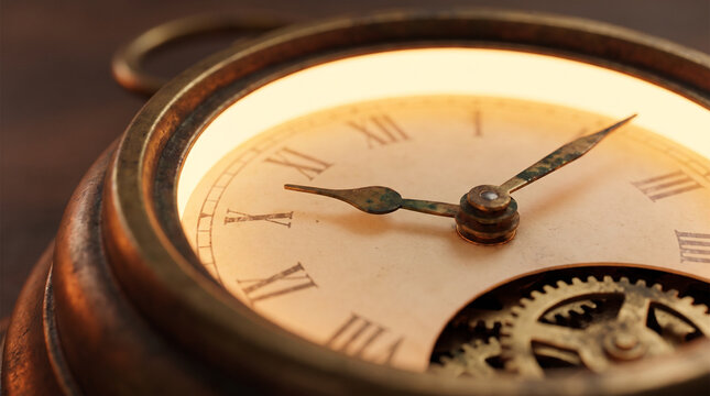 Close-up macro shot of a vintage antique pocket watch with an aged brass casing and warm glowing dial. Features Roman numerals, ornate oxidized metal hands, and an exposed skeleton mechanism 