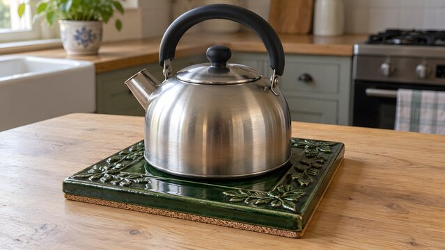 Old Decorative Stove Tile Repurposed as a Cork-Backed Kettle Trivet