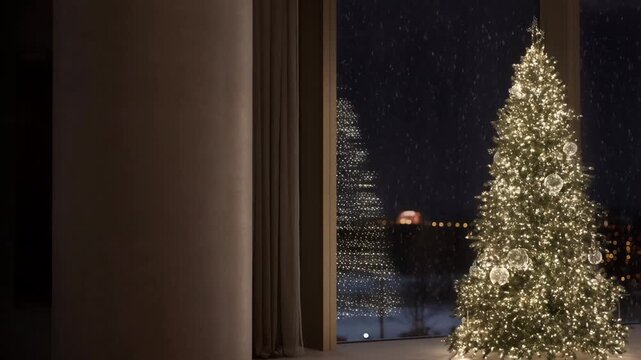 luxury Christmas stock footage, an elegant minimalist Christmas tree standing in a sophisticated warm interior at night, thousands of tiny warm white lights