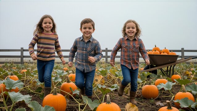 Three young children running in a pumpkin patch on an autumn day outdoors  