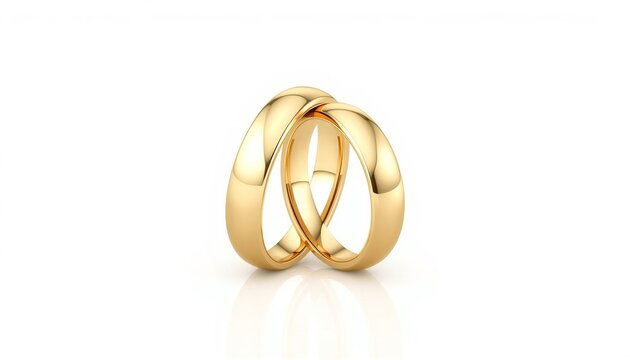 Pair of polished gold rings intertwined with gold band marriage engagement precious reflection partnership connected interlocked together