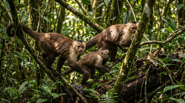 Three wild capuchin monkeys climb together across the dense tangled branches of a tropical rainforest canopy in South America as the group explores the humid environment during the afternoon sun