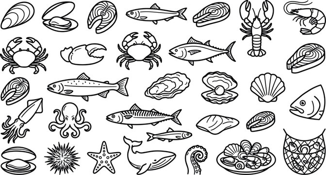 Seafood doodle icon set featuring fresh fish salmon steaks lobsters crabs octopuses and sea shells vector line art illustrations