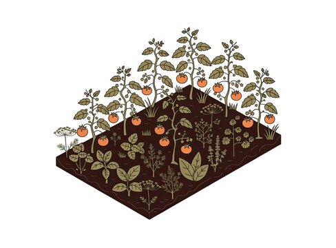 Companion planting garden featuring tomato plants surrounded by aromatic herb neighbors