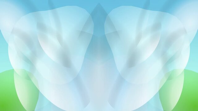 Abstract green and white fluid gradient blob on soft light blue background, minimalist layered organic shape design for modern digital motion graphics.