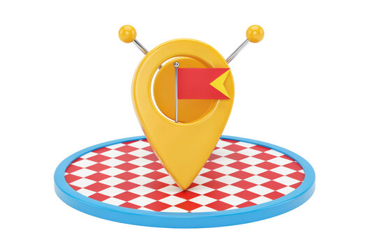 Yellow 3 d map pointer pin with a small red flag on a red and white checkered circular base plate isolated on a transparent background