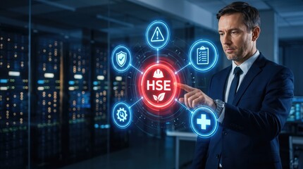 Obraz premium Man Interacting With HSE Management Technology Interface