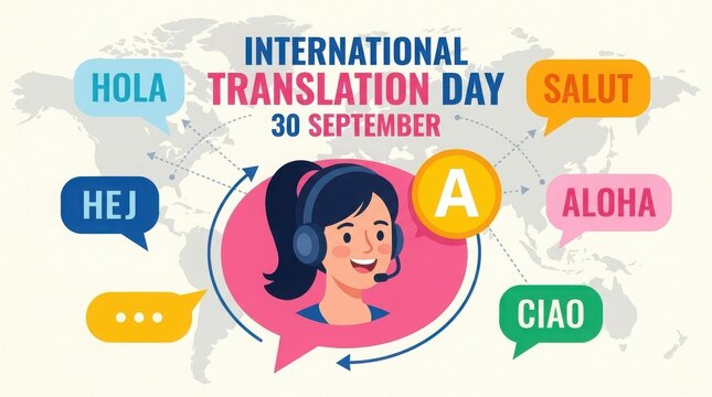 International translation day illustration with a woman wearing headphones and speech bubbles
