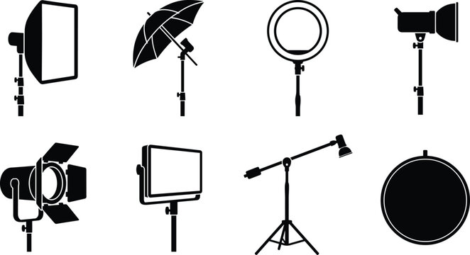 Set of professional photography and video studio lighting equipment silhouette icons isolated on white background.