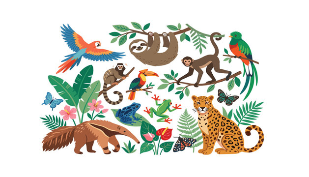 Tropical rainforest animals vector set featuring wild jungle wildlife macaw sloth monkey jaguar anteater exotic birds and jungle leaves