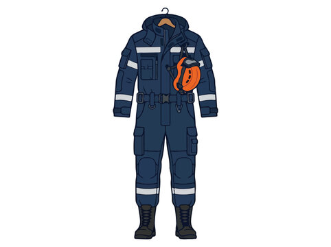 A professional dark blue industrial work coverall with safety reflective stripes and a protective helmet.