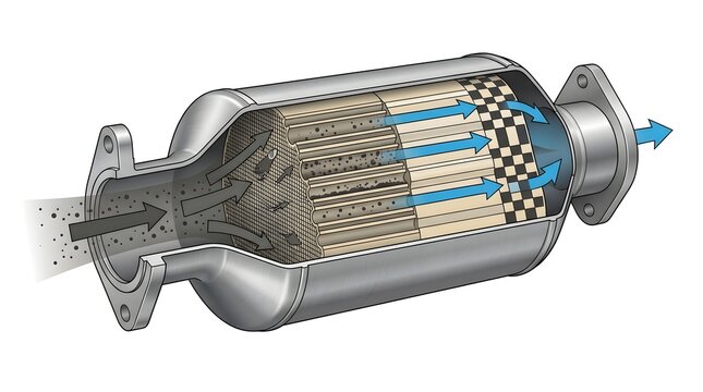 Cutaway illustration of a vehicle diesel particulate filter DPF or catalytic converter showing the internal honeycomb ceramic structure and gas flow filtration process