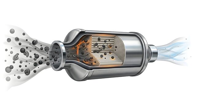 Cross-section of a catalytic converter showing pollution filtration isolated on white background
