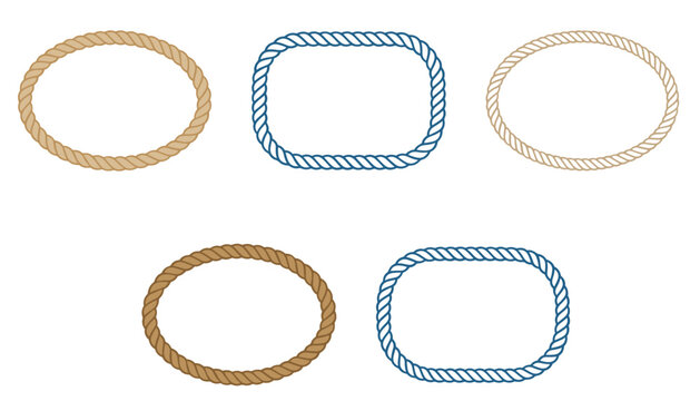 Nautical rope frames set featuring oval and rectangular twisted cord borders for marine design vector illustration elements
