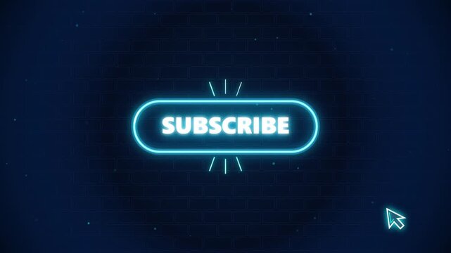 Subscribe neon button animation clicking cursor against dark brick wall blue glow motion graphic.