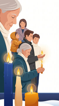 Family members holding candles during a winter solstice vigil  