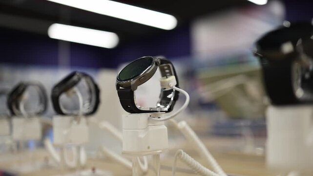 Smartwatches displayed on security stands in electronics store showing wearable technology with touchscreens for customers comparing digital devices before purchase today