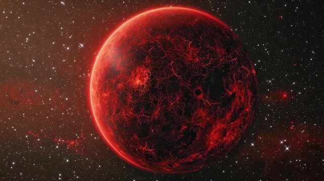4K Video of a dark red rocky planet with a glowing rim and textured surface against a black starry background.