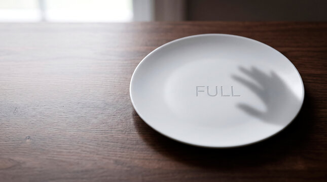 Conceptual empty plate with full text and hand shadow for hunger awareness