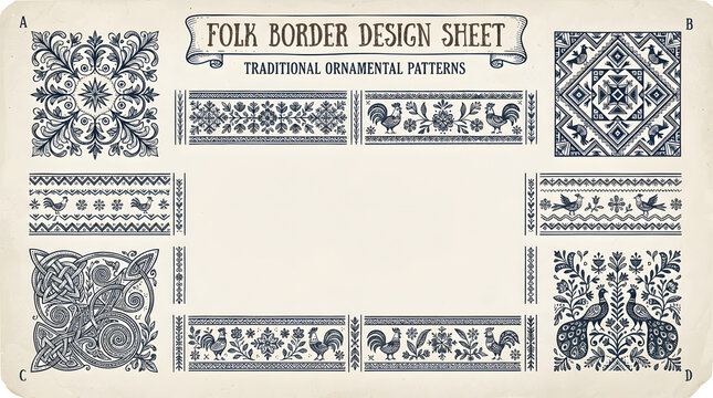 Handcrafted folk border design sheet with traditional decorative motifs on a vintage paper background