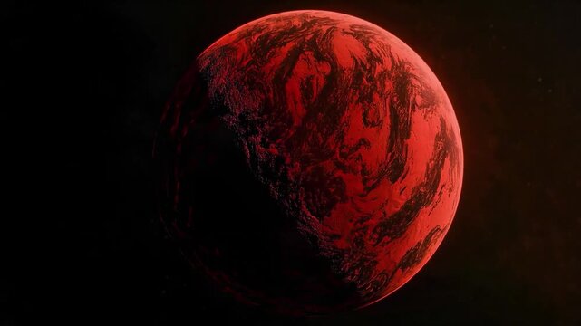 4K Video of a vivid red planet with swirling atmospheric textures and a dramatic illuminated surface in space.