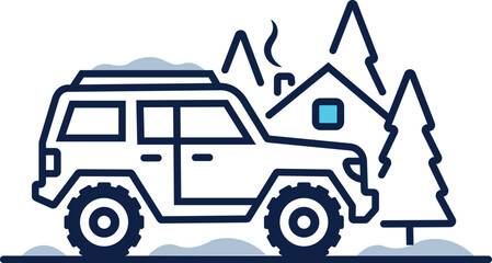 Obraz premium Off Road SUV in Snowy Mountain Cabin Landscape Vector