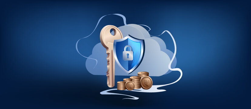 Cloud Financial Security Concept: Large Key, Shield with Padlock, and Indian Rupee Coins as Financial Cyber Protection and Wealth Safety Banner