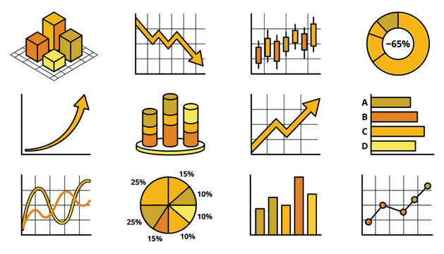 Financial data analytics and business graph icon set vector illustration featuring stock market chart trading candlestick pie bar diagrams