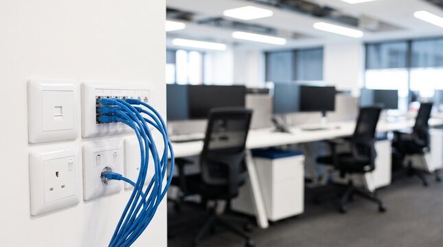 Blue network cables plugged into wall ports in a modern office