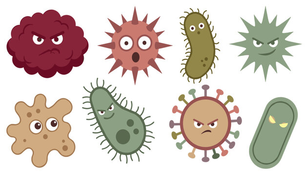 Cute cartoon bacteria and virus character set vector illustration featuring funny microbes germs pathogens and infection monsters with faces
