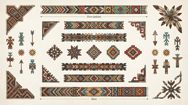 Set of indigenous style geometric patterns and decorative border elements on a white background