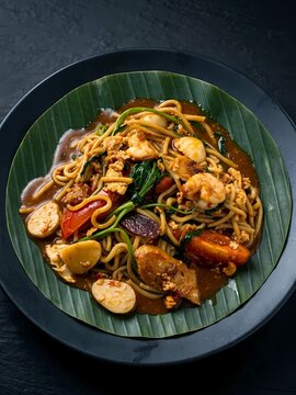 Authentic Asian Spicy Mie Belacan Fried Noodles with Shrimp, Eggs, and Vegetables Served on Banana Leaf