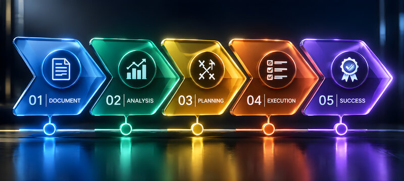 Five Step Glass Chevron Process Infographic Diagram for Business and Technology Workflow
