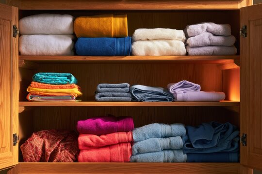 Neatly folded colorful towels and fabric organized on wooden shelves inside a tidy linen closet for home storage and decor