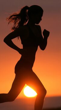 Woman Running in Silhouette at Sunset with Copy Space